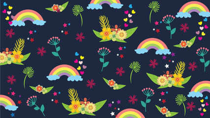Fototapeta na wymiar Flower seamless pattern design for background, wallpaper, wrapping paper, backdrop, fabric. Wrapping paper with flowers, love, stars, rainbow elements and dark blue color background.