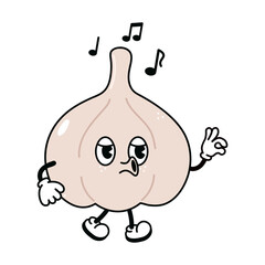 Cute funny garlic walking singing character. Vector hand drawn traditional cartoon vintage, retro, kawaii character illustration icon. Isolated white background. Garlic walk sing