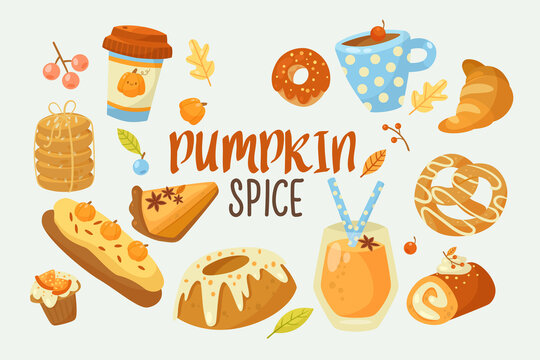 Pumpkin spice desserts and drinks cartoon illustration set. Tasty donuts, muffin, pie, cake. Cups of hot latte, coffee or sweet frappe. Halloween, fall, beverage, food concept