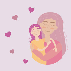 Greeting card where mother hugs her daughter smiling. Illustration in pastel colors on for Happy Children's Day or Mother's day