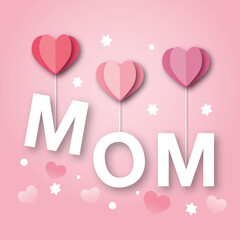 Mom sign with many heart and stars on pink background. Greeting card for Mother’s Day. Mother concept. poster and postcard, banner. space for the text. illustration paper cut design style.