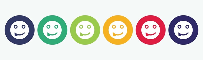 6 circles of buttons set with tongue out face emoji or emoticon icon. in different colors. Vector illustration.