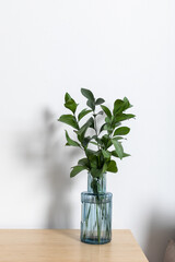 Close up of work table with a composition of fresh green leaves on a branch in a glass vase