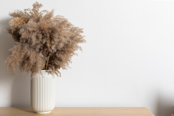 Minimalistic composition of dried pampas grass in a cylindrical ceramic vase as home decoration.