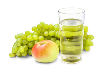 Fototapeta na wymiar Fresh fruit juice in glass with bunch of sweet green grape and apple isolated on white background.