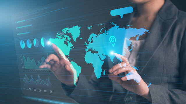 Digital marketing data analytic technology, businesswoman touching virtual screen to manage business NFT marketing sale commercial media data graph chart digital world metaverse background