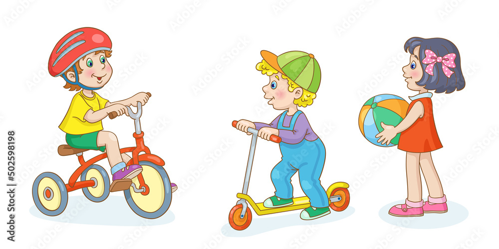 Poster Children on a walk. Two boys on a bicycle and a scooter and one girl with a ball. In cartoon style. Isolated on white background. Vector illustration