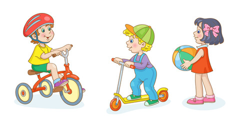 Children on a walk. Two boys on a bicycle and a scooter and one girl with a ball. In cartoon style. Isolated on white background. Vector illustration