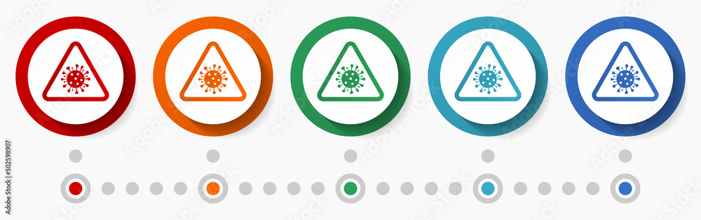 Poster Coronavirus warning sign concept vector icon set, infographic template, flat design colorful web buttons in 5 color options