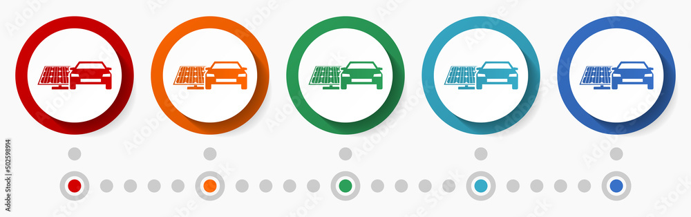 Poster electric car, renewable energy concept vector icon set, infographic template, flat design circle col