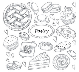 Pastry hand drawn sketch set. Cherry pie, macaroons, cupcake, cookies, muffin, croissant and donuts.