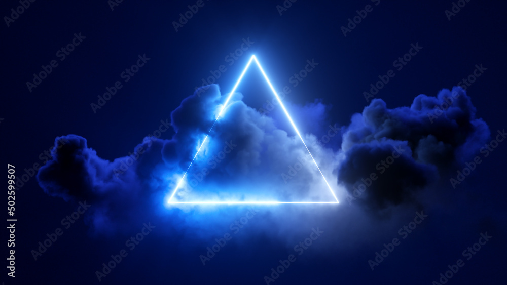 Wall mural 3d rendering, abstract futuristic background, neon triangle and stormy cloud on night sky. Triangular frame with copy space