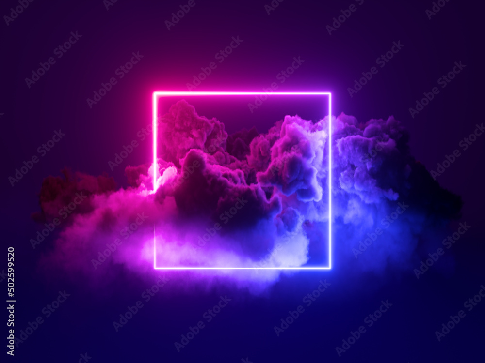 Wall mural 3d rendering, abstract geometrical background with square neon frame and stormy cloud glowing with p