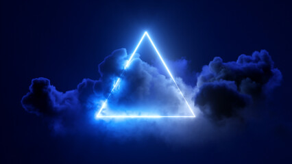 3d rendering, abstract futuristic background, neon triangle and stormy cloud on night sky. Triangular frame with copy space