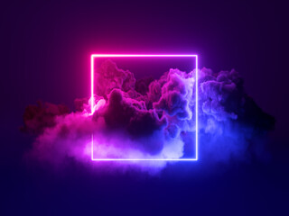 3d rendering, abstract geometrical background with square neon frame and stormy cloud glowing with pink blue light - obrazy, fototapety, plakaty