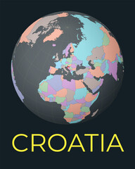 World map centered to Croatia. Red country highlighted. Satellite world view centered to country with name. Vector Illustration.