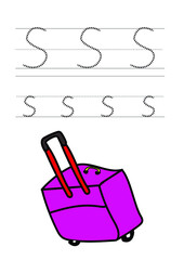 S suitcase alphabet for trace exercise for kid with illustration