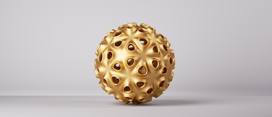 3d render, simple geometric shape, unique abstract object. Golden ball with geometric pattern, design element isolated on white background