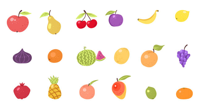 Fruits and berries cute drawn doodle icons vector set. Illustration of colored and monochrome fruits for farm product design. Cuisine, vegetarian food. Lemon, banana, orange, tangerine, pear, apple.