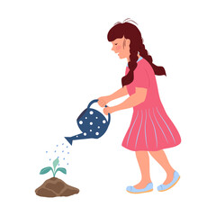 Little girl is watering plant from a watering can. Vector Illustration in flat style on white background.