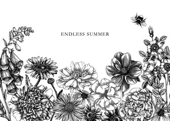 Hand-sketched flower illustrations collection. Vintage summer florals drawing set. Detailed and elegant garden plant on chalkboard. Botanical elements in engraved style.