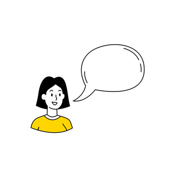 Vector cartoon illustration of Woman face. Speech bubbble line doodle style