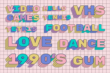 90s aethetic words with shadows typography on pink checked background 