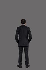 Back view  Portrait of attractive businessman Asian standing against on gray background , clipping path