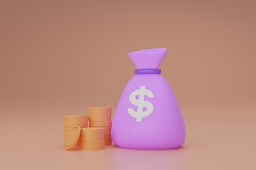 The concept of 3D money. 3d illustration. A bag of money and coins. Modern illustration