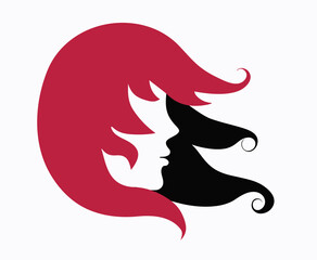 Portrait of a woman with long hair. Bright hairstyle. Girls face. Vector illustration, logo, icon. Isolated background.