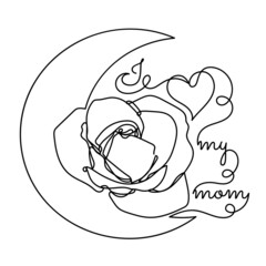 Abstract rose flower in a modern minimalist one line style. Mother's day lettering. I love my mom text. Continuous black line flower simple drawing. Isolated on white. Floral vector illustration.