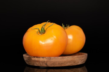 Two yellow juicy tomatoes on a wooden saucer, macro, isolated on a black background.