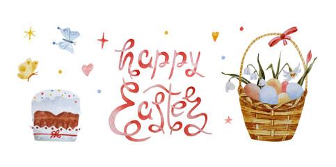 Watercolor illustration of "Happy Easter". Cute hand-drawn spring picture with a basket of Easter eggs, spring flowers, Easter cupcake, butterflies and hearts. Clipart for the design of postcards