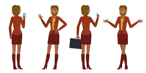 Set of working woman wear brown color suit character vector design. Presentation in various action. People working in office planning, thinking and economic analysis.