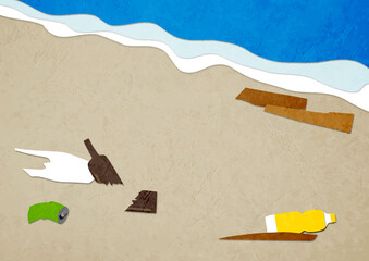 ゴミのある砂浜　ペーパークラフト - obrazy, fototapety, plakaty