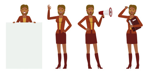 Set of working woman wear brown color suit character vector design. Presentation in various action. People working in office planning, thinking and economic analysis.