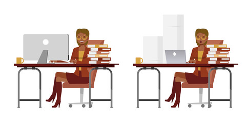 Set of working woman wear brown color suit character vector design. Presentation in various action. People working in office planning, thinking and economic analysis.