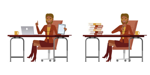 Set of working woman wear brown color suit character vector design. Presentation in various action. People working in office planning, thinking and economic analysis.