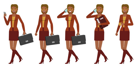 Set of working woman wear brown color suit character vector design. Presentation in various action. People working in office planning, thinking and economic analysis.