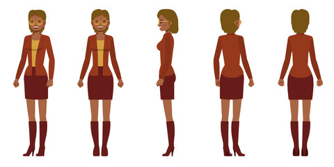 Set of working woman wear brown color suit character vector design. Presentation in various action. People working in office planning, thinking and economic analysis.