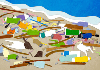 砂浜に流れ着いた大量の海洋ゴミ　ペーパークラフト