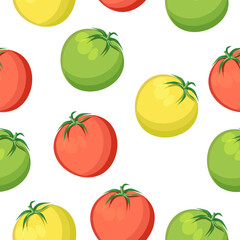 Seamless pattern of tomatoes red,yellow,green on a white background.Vector pattern of vegetables.It can be used in textiles, vegetable packaging,advertising.