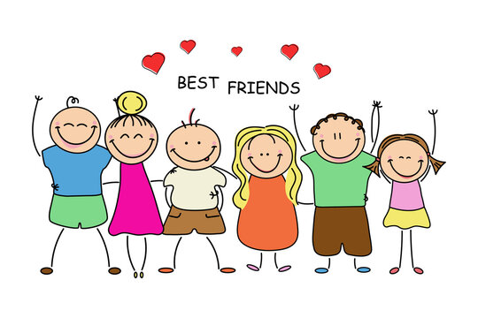 Hand drawn children's characters and hearts. Best friends together. Inscription best friends.