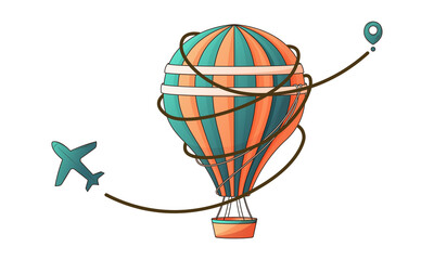 Aircraft route. Vector travel illustration of hot air balloon and airplane. Movement from the starting point. Travel around the world. Time to travel. Hand-drawn bright illustration for design.