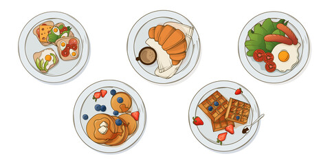 Set from vector illustration of breakfasts: sandwiches, pancakes, croissant, sausages, waffles, berries. Used for design of poster, banner, website, card, decoration of menu, cafe.
