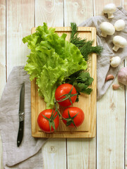 Fresh raw ingredients for healthy cooking or salad making, top view, copy space