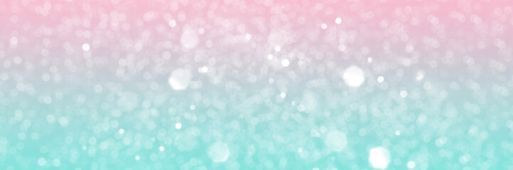 Obraz na płótnie Canvas Pink and blue sparkling glitter bokeh background, banner texture. Abstract defocused lights header. Wide screen wallpaper. Panoramic web banner with copy space for design