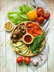 Grilled skewers of vegetables and meat on the grill. Healthy food, ketogenic diet, diet lunch concept. Keto Paleo diet menu. Top view