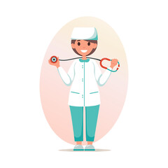 Obraz premium Nurse with stethoscope. Smiling kind doctor in medical clothes with diagnostic equipment. Medical worker, specialist. For medical websites, applications, posters, banners. Vector illustration