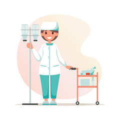 Nurse with drip stand and trolley with medical instruments. Syringe, medicine bottle. Smiling kind doctor in medical clothes. For medical websites, applications, posters, banners. Vector illustration